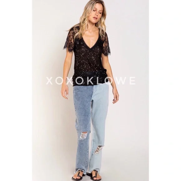 POL Black Sequin V Neck Lace Short Sleeves Sheer Top - Picture 12 of 15